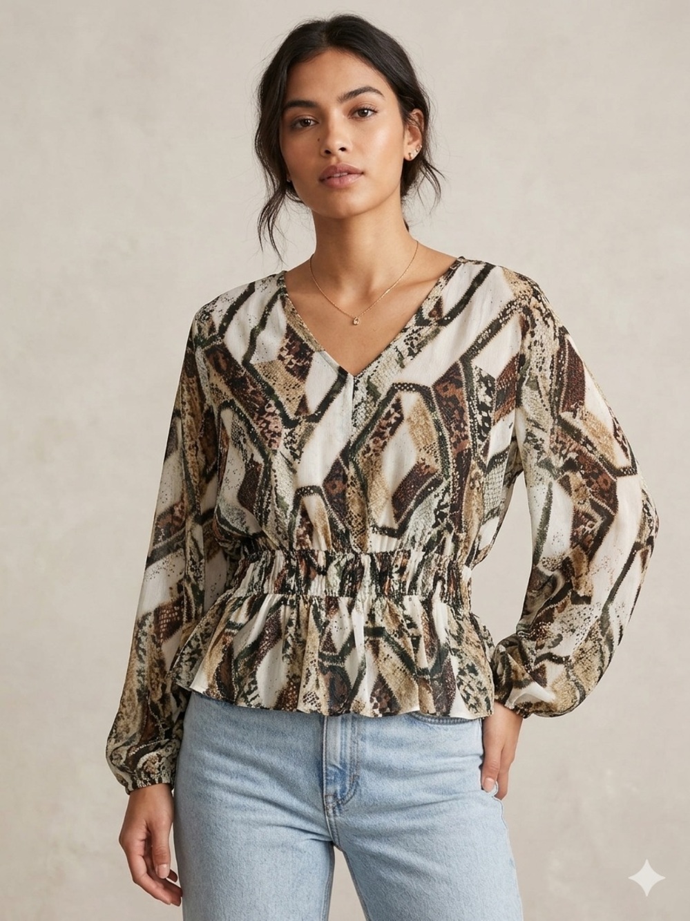 H&M Snakeskin V-Neck Blouse Smocked Waist Balloon Sleeve Top